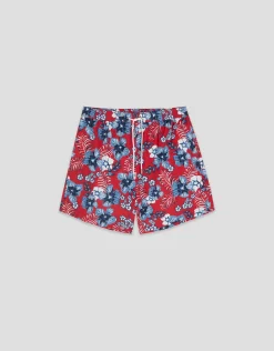 Bañador estampado flores rojo y tonos azules