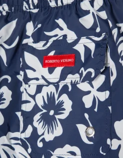 Bañador marino estampado hojas blancas