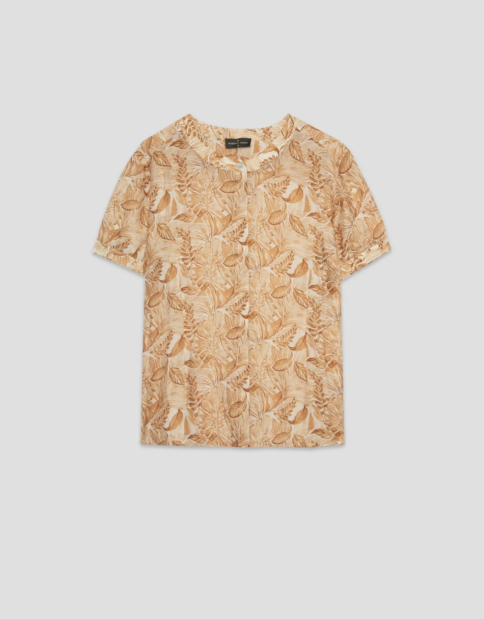 Blusa de manga corta en gasa estampado vegetal cámel