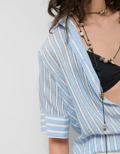 Blusa de manga corta jacquard rayas azul