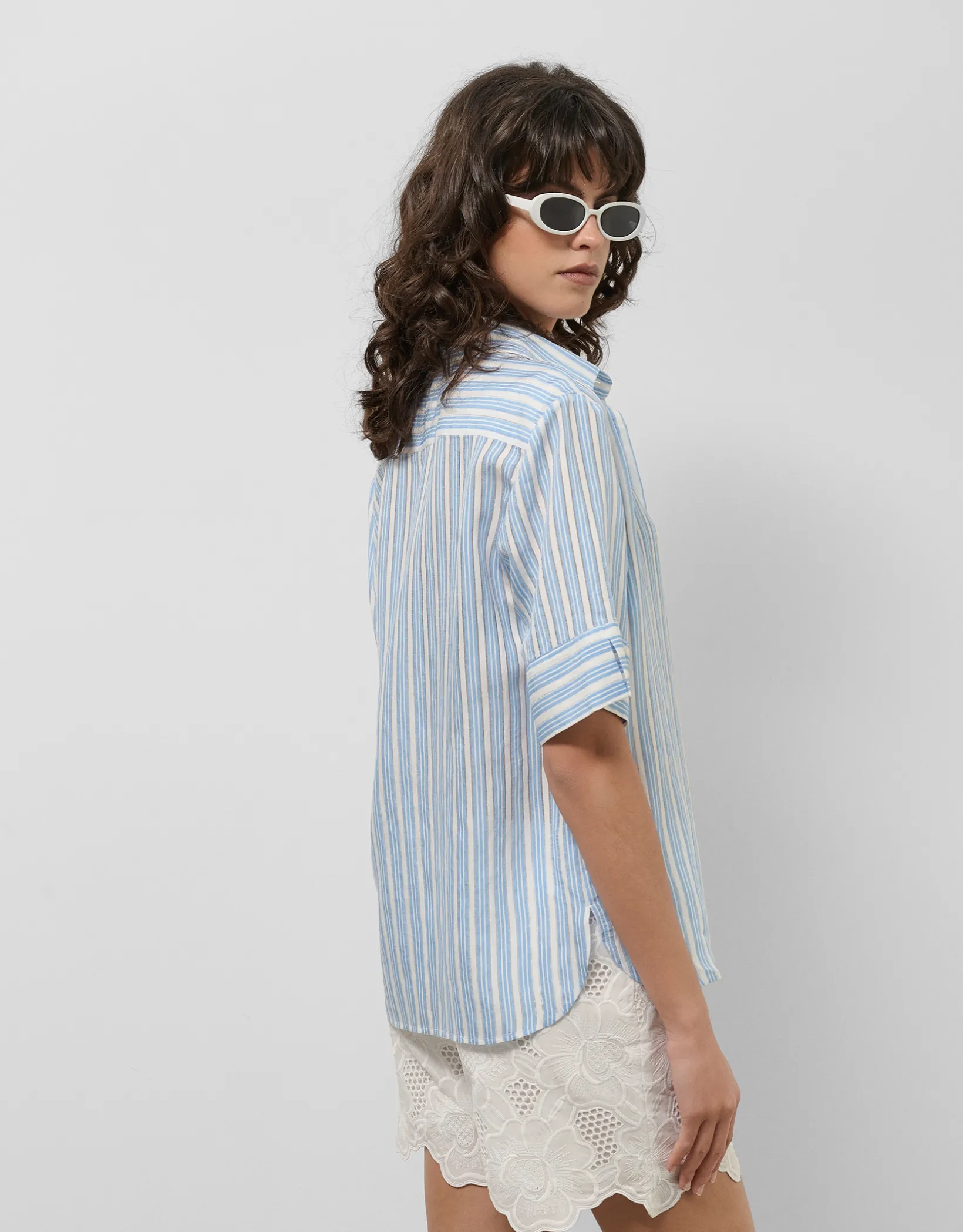 Blusa de manga corta jacquard rayas azul