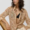 Blusa larga en gasa estampado vegetal cámel