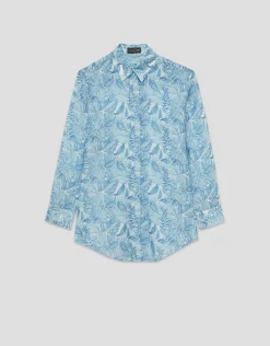 Blusa larga en gasa estampado vegetal azul