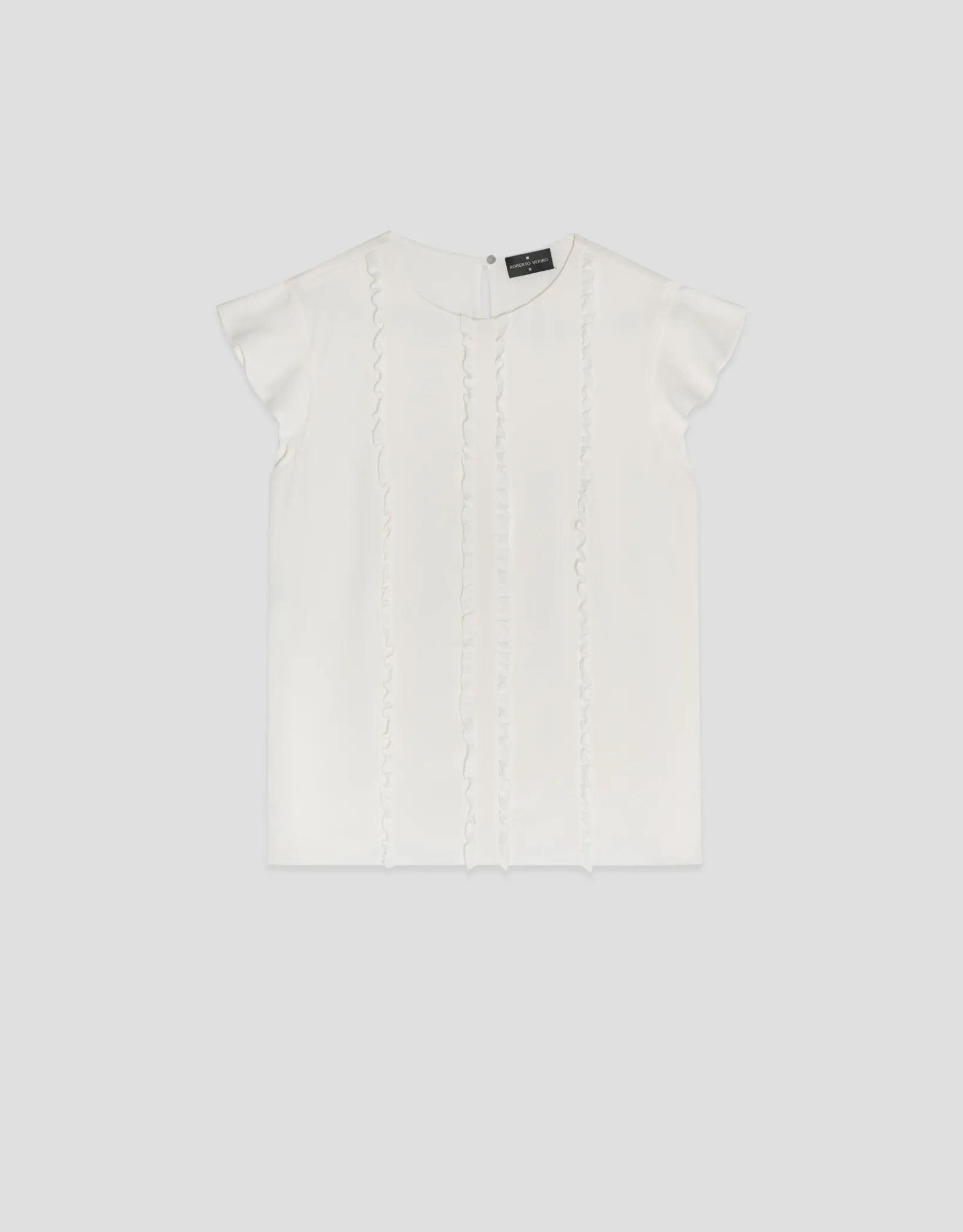 Blusa manga corta blanco roto con mini volantes en delantero