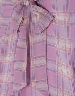 Blusa manga corta y cuello anudado cuadros tonos rosa