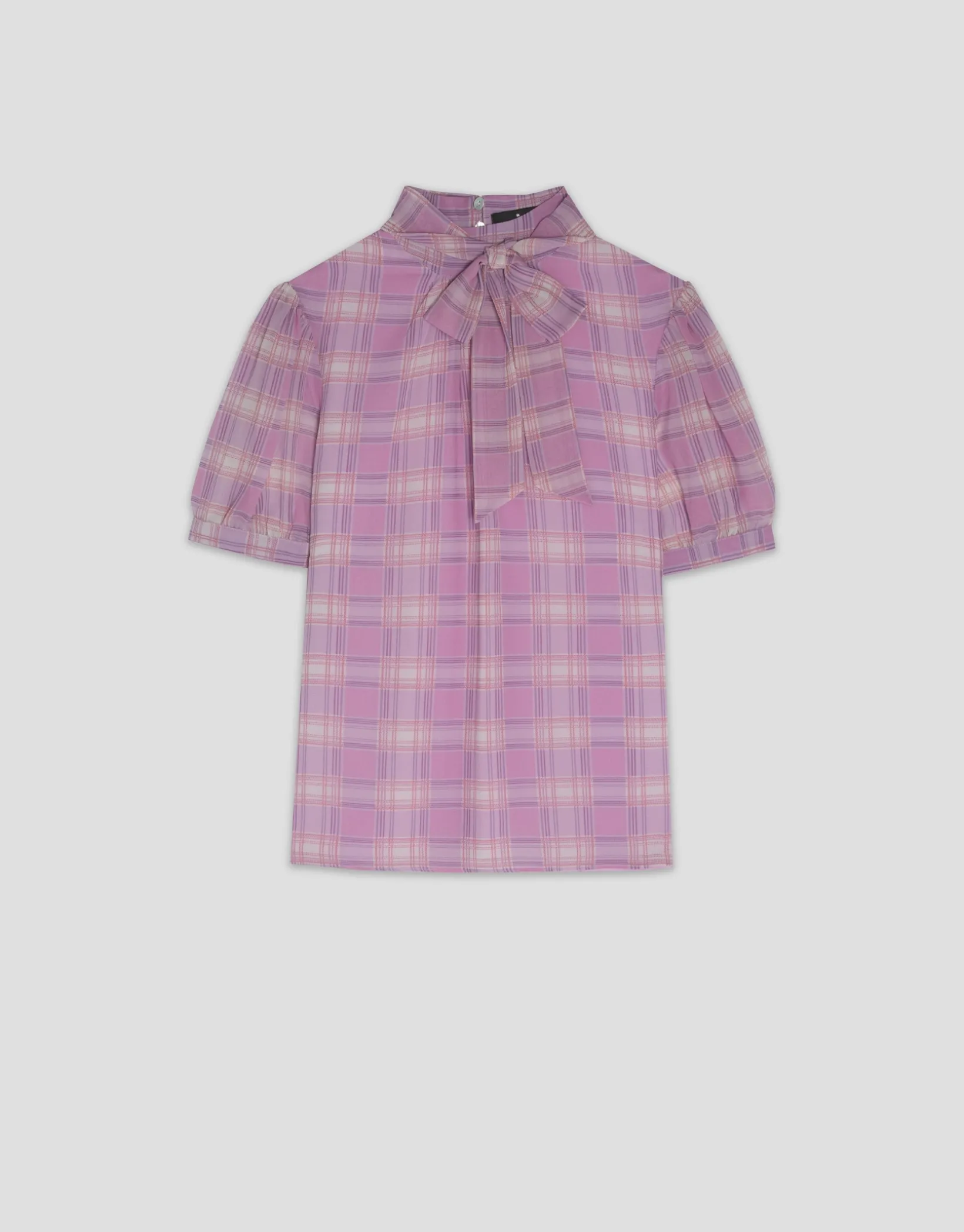Blusa manga corta y cuello anudado cuadros tonos rosa