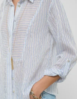 Blusa manga larga remangada rayas azul y blanco