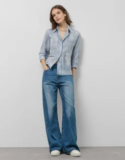 Blusa remangada crepé rayas azul y blanco