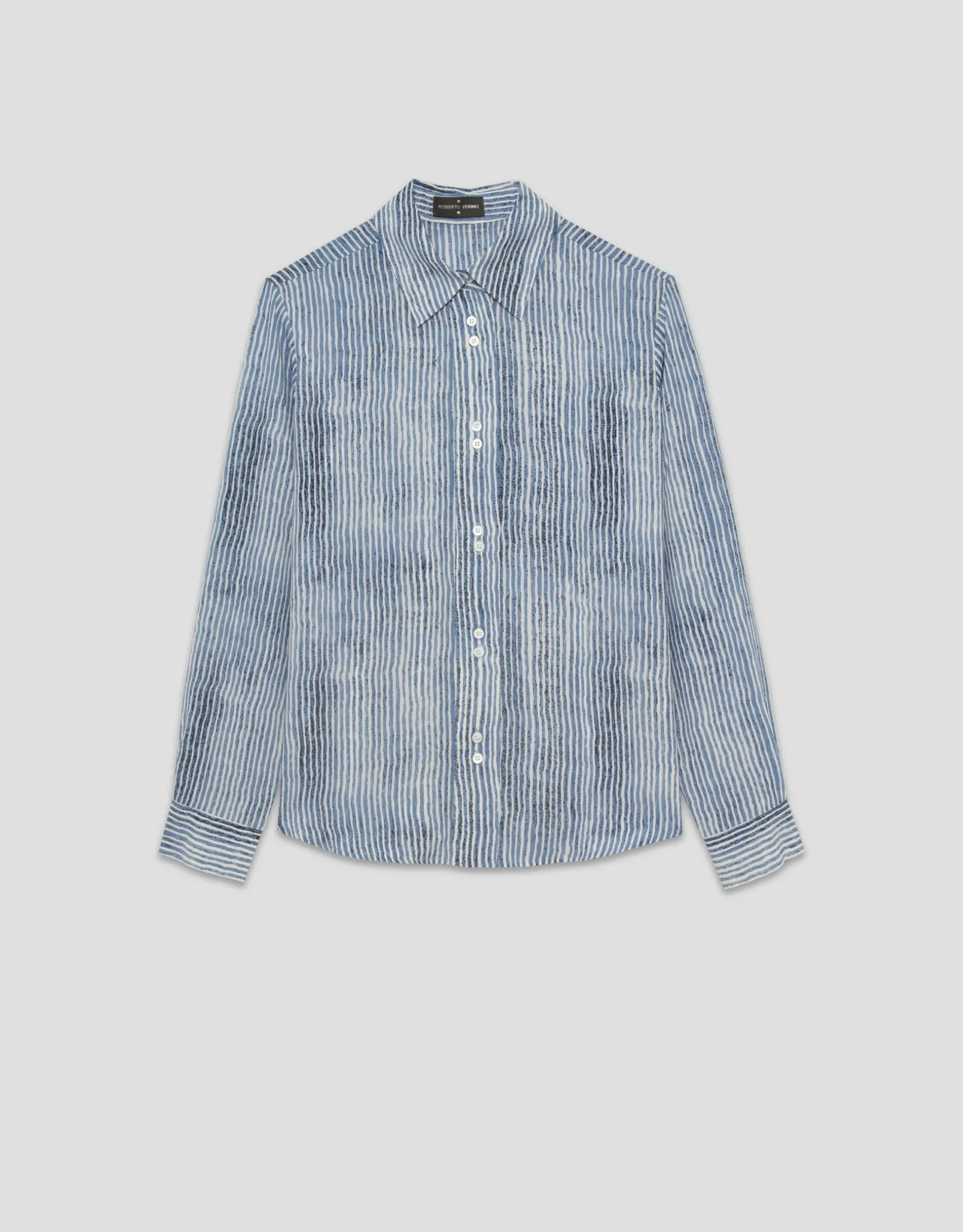 Blusa remangada crepé rayas azul y blanco