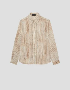 Blusa remangada crepé rayas arena y crudo