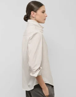 Camisa algodón blanco con listas cámel