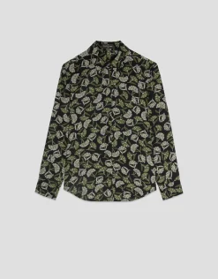 Camisa corte masculino negro estampado hojas verdes