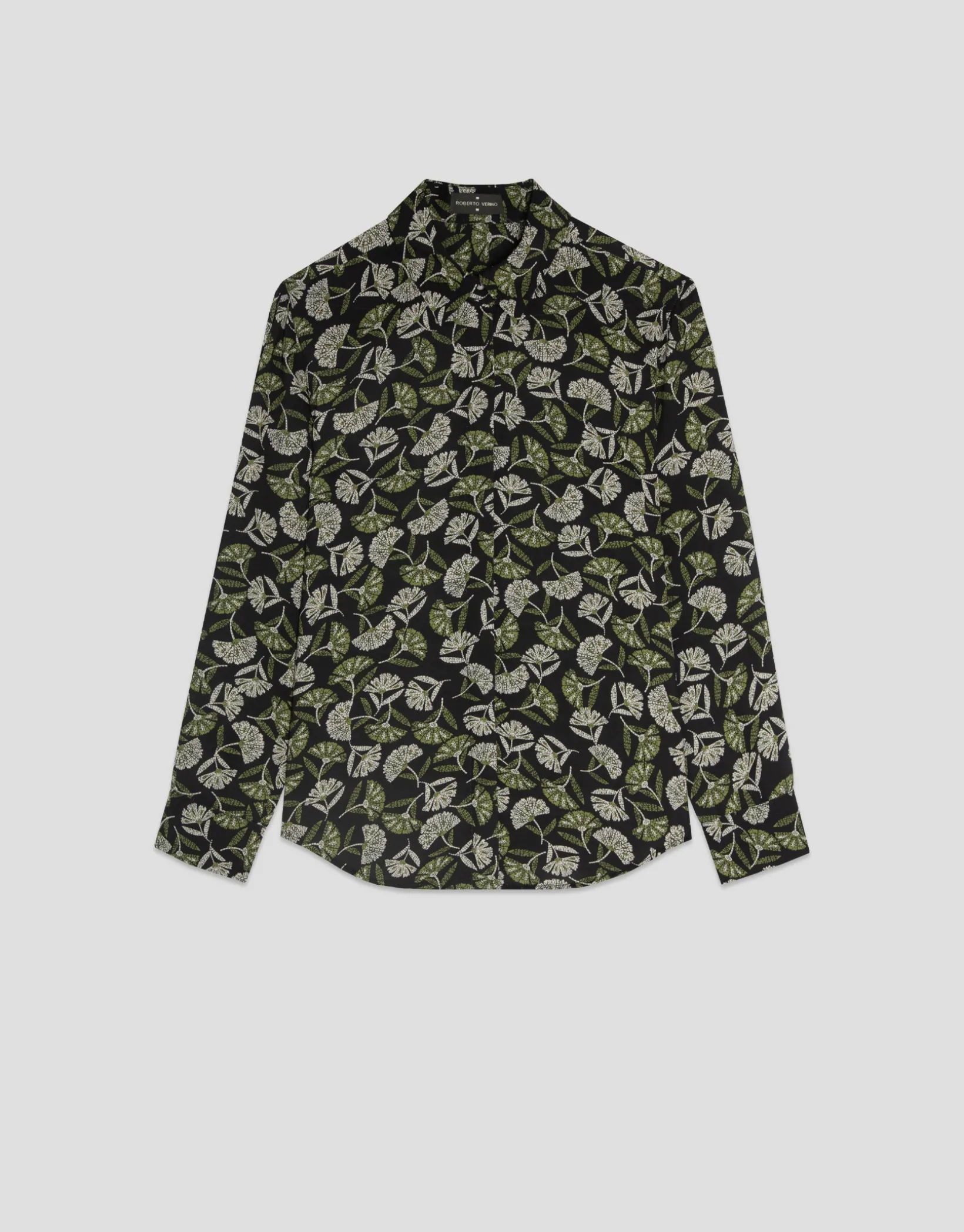 Camisa corte masculino negro estampado hojas verdes