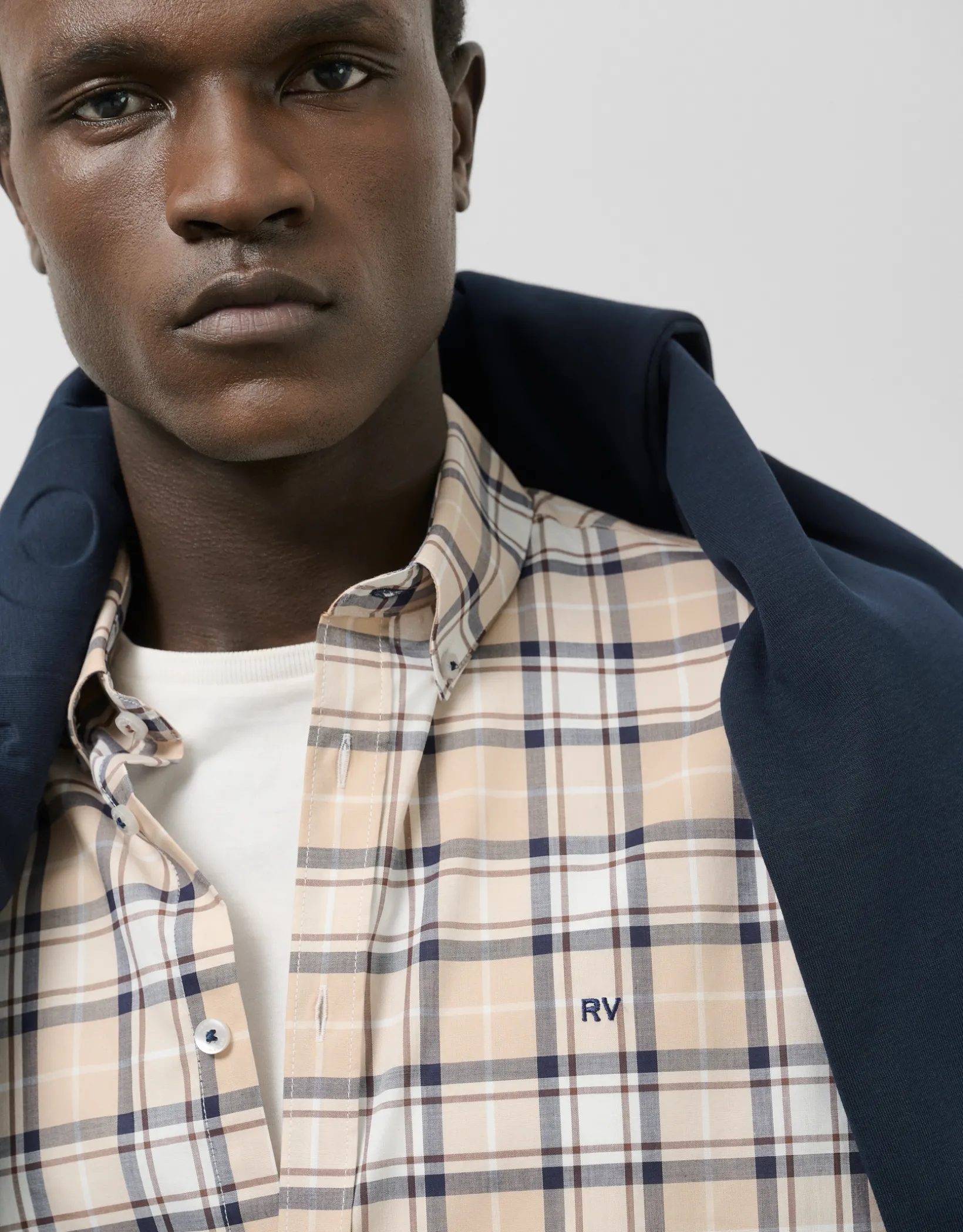 Camisa sport regular cuadros beige/marino/blanco