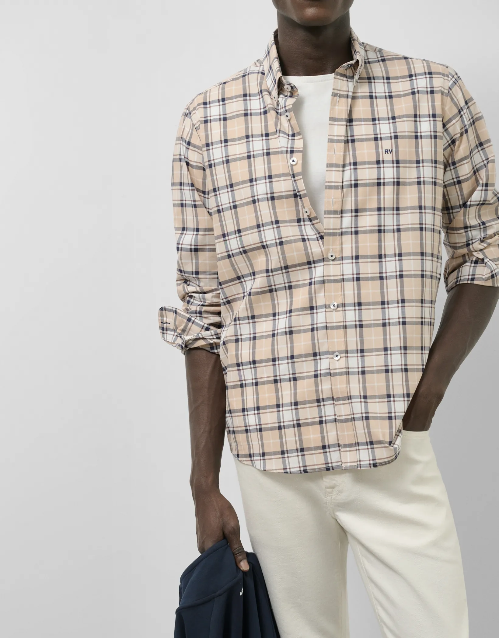 Camisa sport regular cuadros beige/marino/blanco