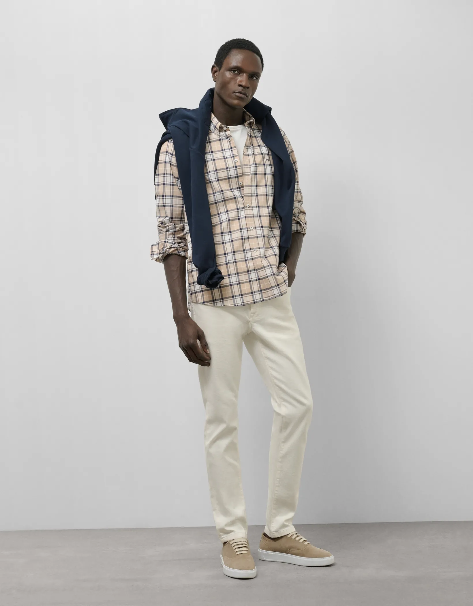 Camisa sport regular cuadros beige/marino/blanco