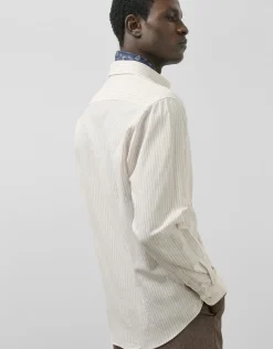 Camisa sport regular lino rayas beige/blanco