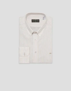 Camisa sport regular lino rayas beige/blanco