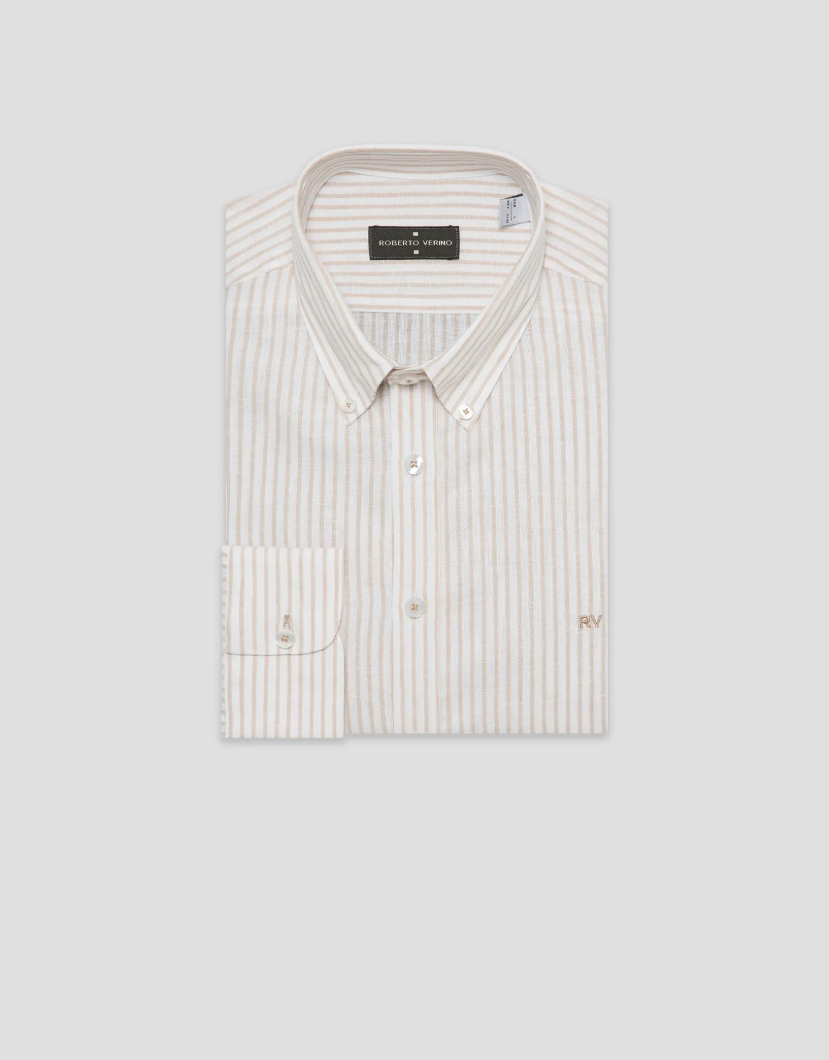 Camisa sport regular lino rayas beige/blanco
