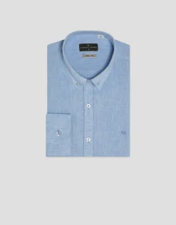 Camisa sport slim lino celeste