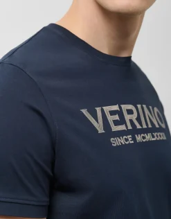 Camiseta algodón marino con logo beige