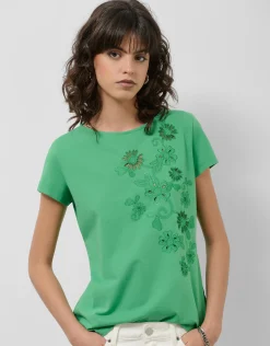 Camiseta algodón verde con flores bordadas