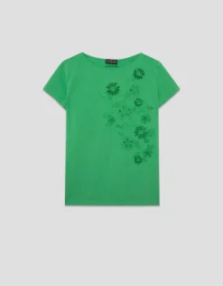 Camiseta algodón verde con flores bordadas