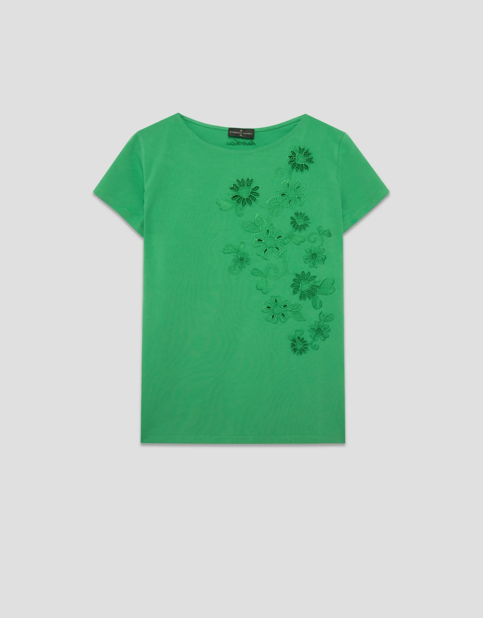 Camiseta algodón verde con flores bordadas
