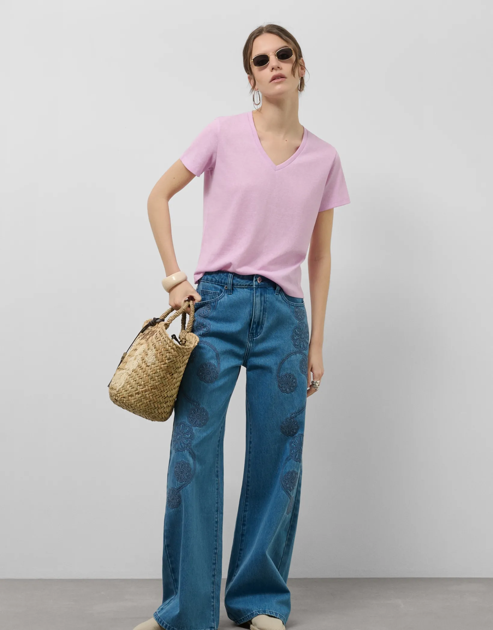 Camiseta cuello pico punto ligero rosa melange