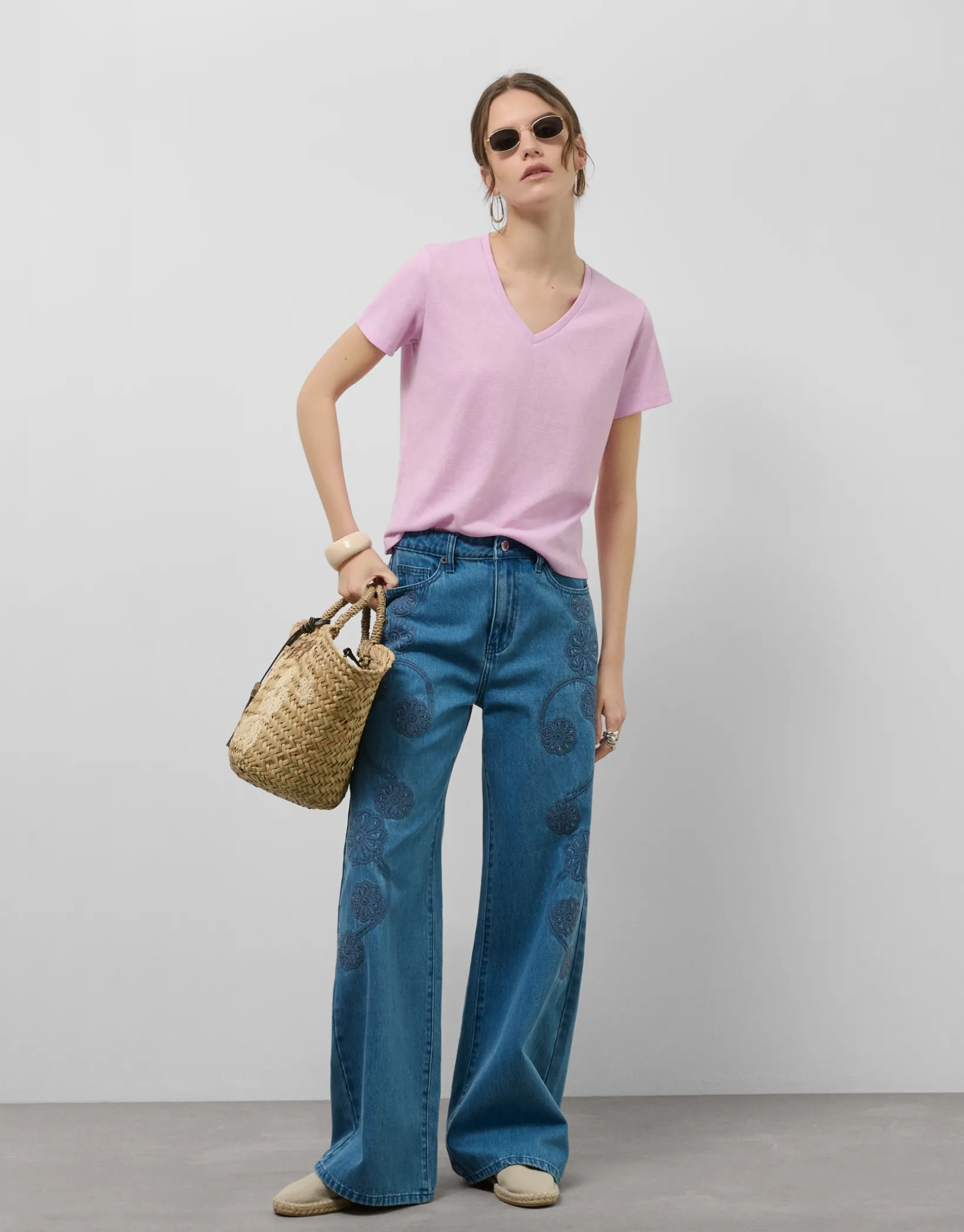 Camiseta cuello pico punto ligero rosa melange
