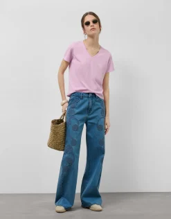 Camiseta cuello pico punto ligero rosa melange