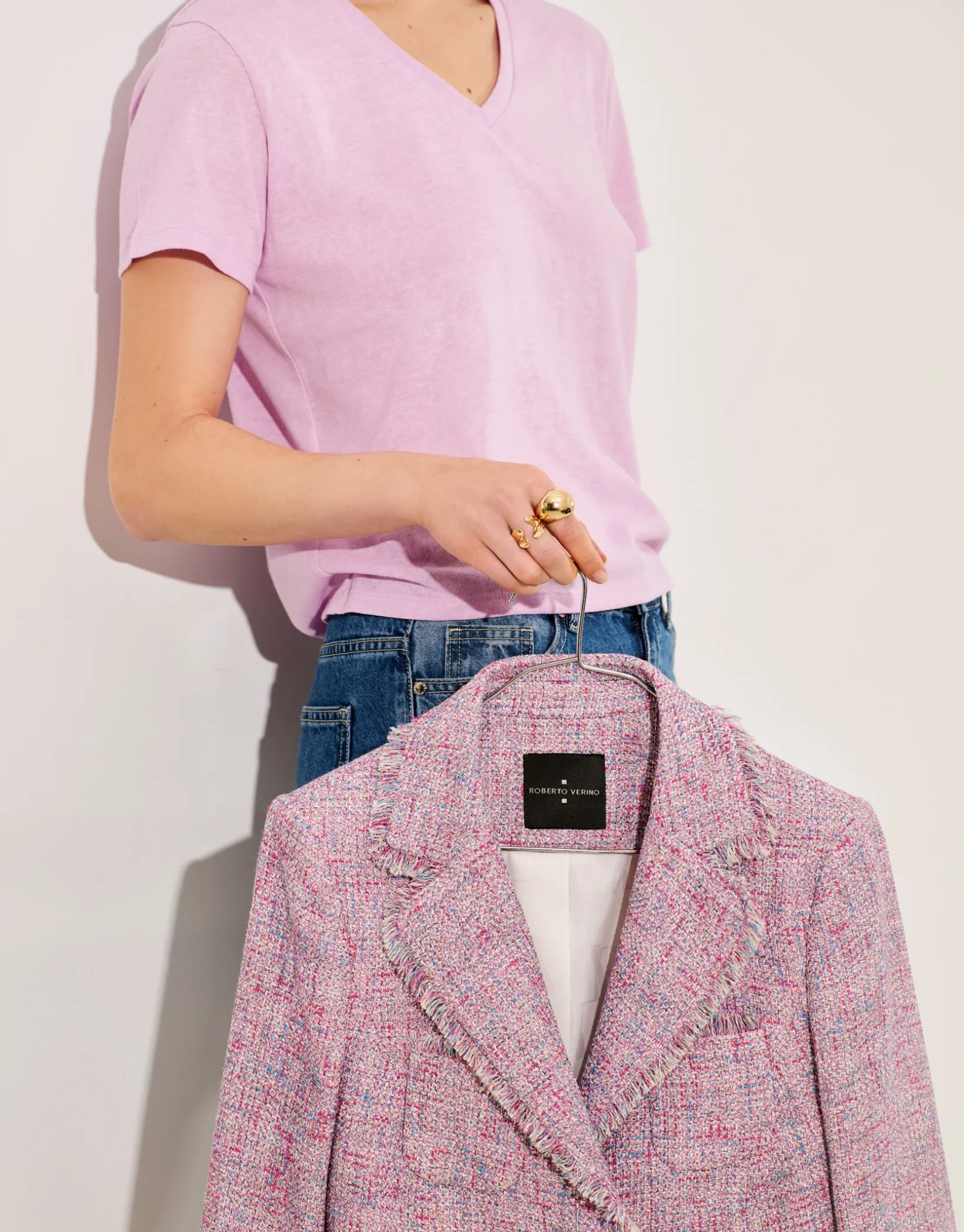Camiseta cuello pico punto ligero rosa melange