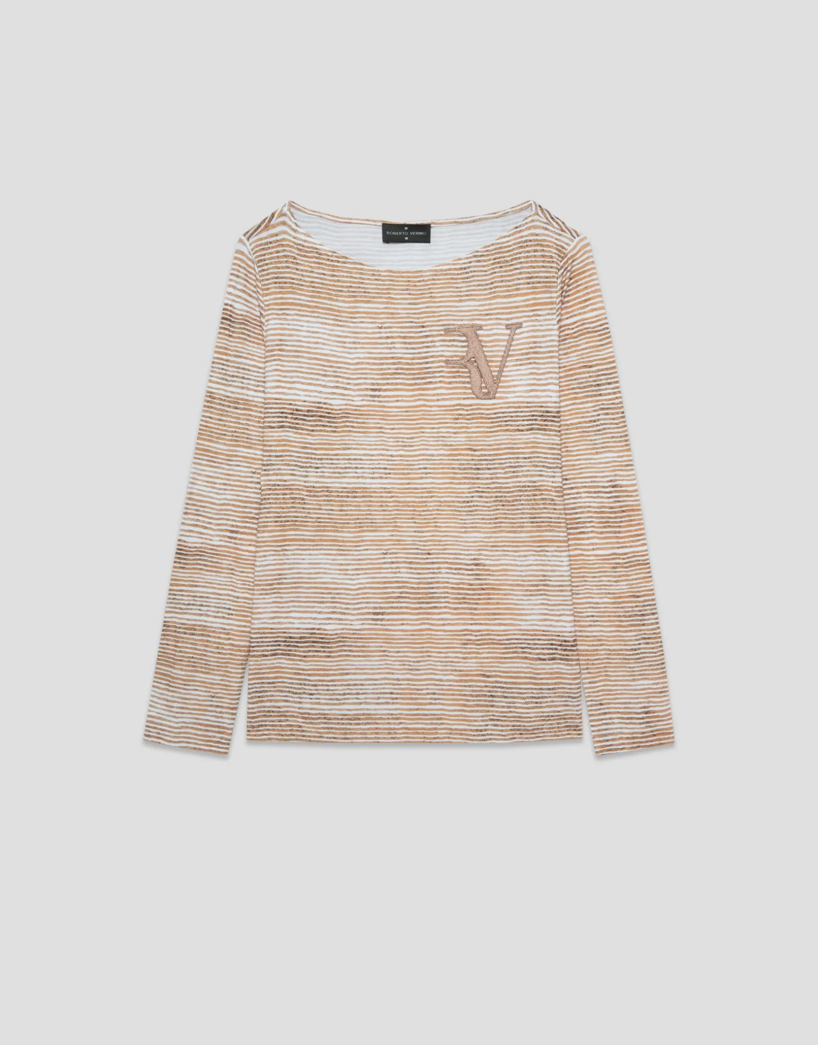 Camiseta escote barco y manga larga listas cámel