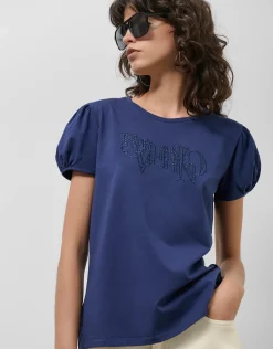 Camiseta manga corta fruncida algodón marino con logo bordado
