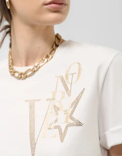 Camiseta oversize algodón blanco logo brillo dorado