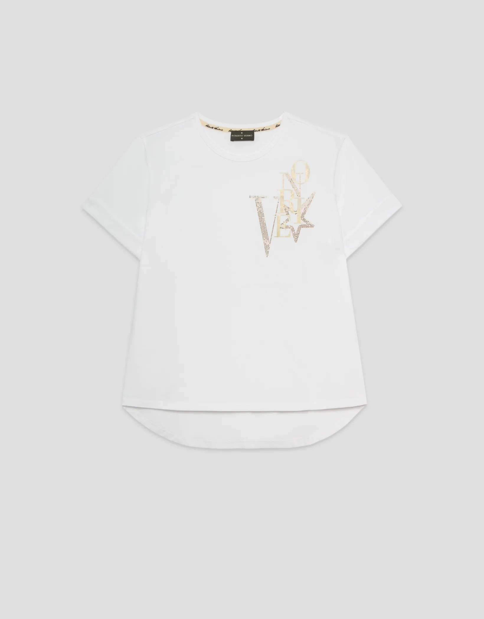 Camiseta oversize algodón blanco logo brillo dorado