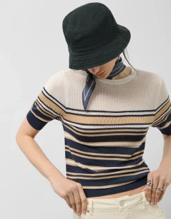 Camiseta punto manga corta azul y beige