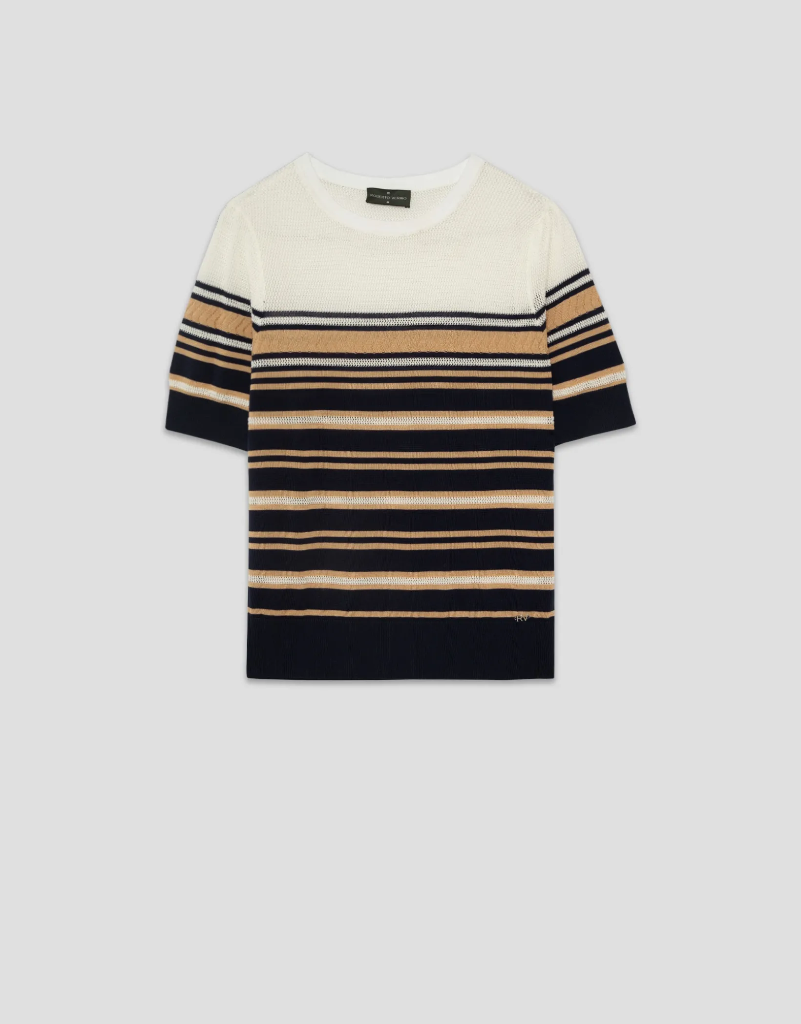 Camiseta punto manga corta azul y beige