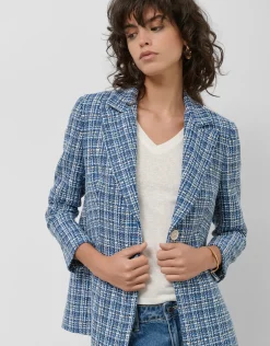 Chaqueta corta tweed azul con hilos de lúrex y lentejuelas