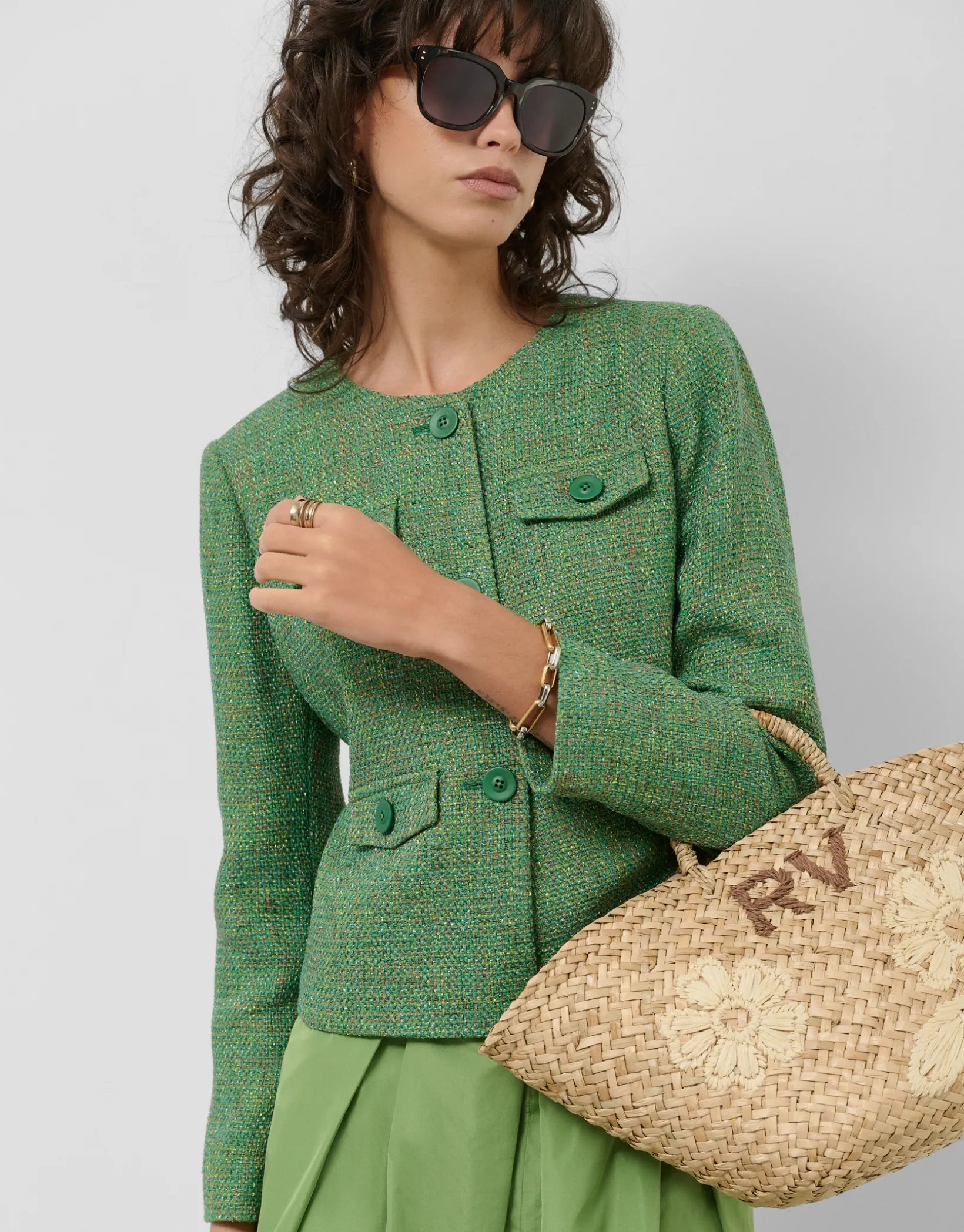 Chaqueta corta tweed tonos verde