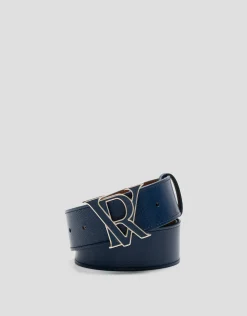 Cinturón piel saffiano azul con hebilla esmaltada