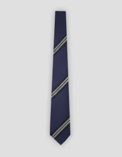 Corbata seda azul con rayas caqui y plata
