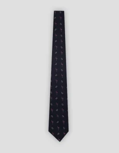 Corbata seda marino con jacquard flamencos rosas