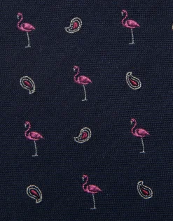 Corbata seda marino con jacquard flamencos rosas