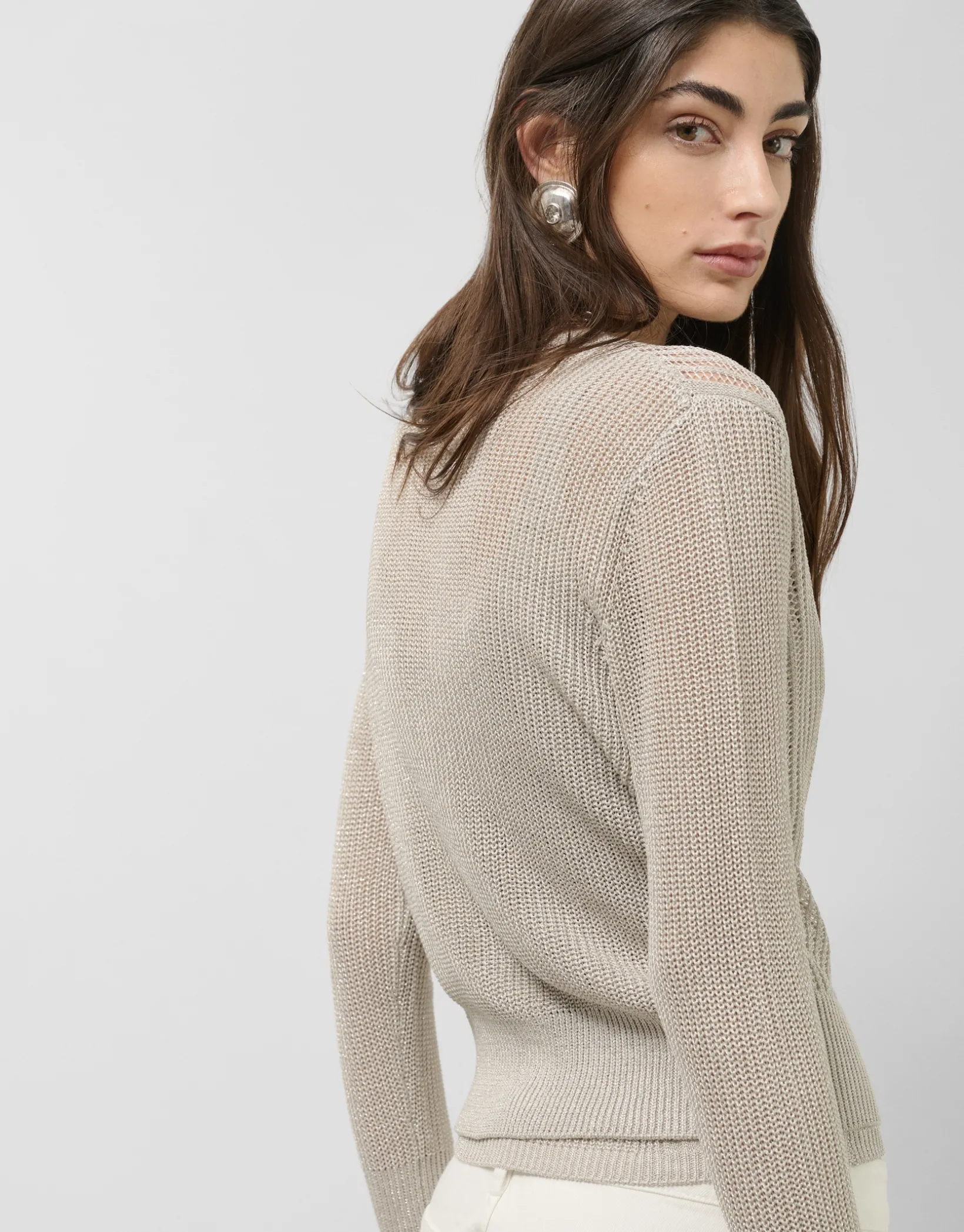 Cárdigan punto calado con lúrex beige