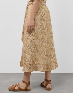 Falda midi estilo pareo en gasa estampado vegetal cámel