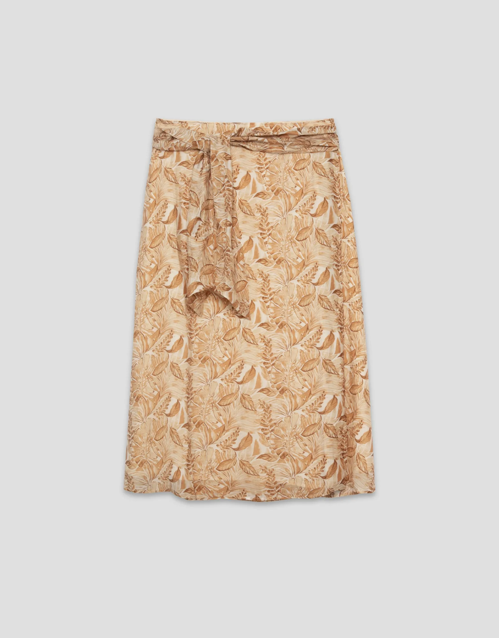 Falda midi estilo pareo en gasa estampado vegetal cámel