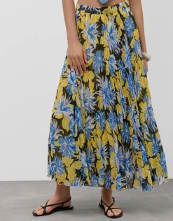 Falda midi plisada crepe georgette estampado floral azules