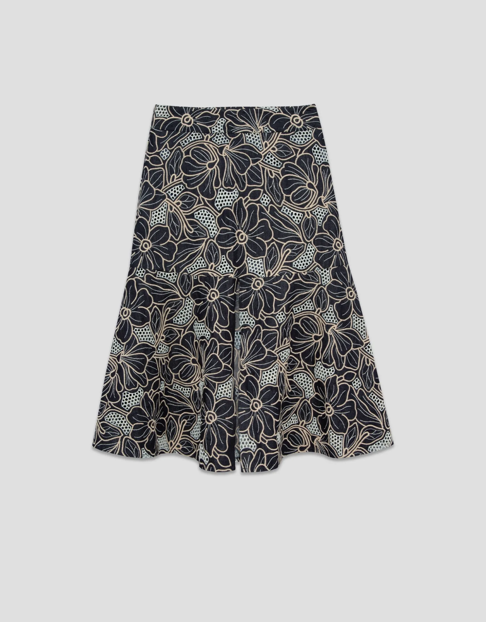 Falda midi tejido vaquero azul con bordado floral y calados