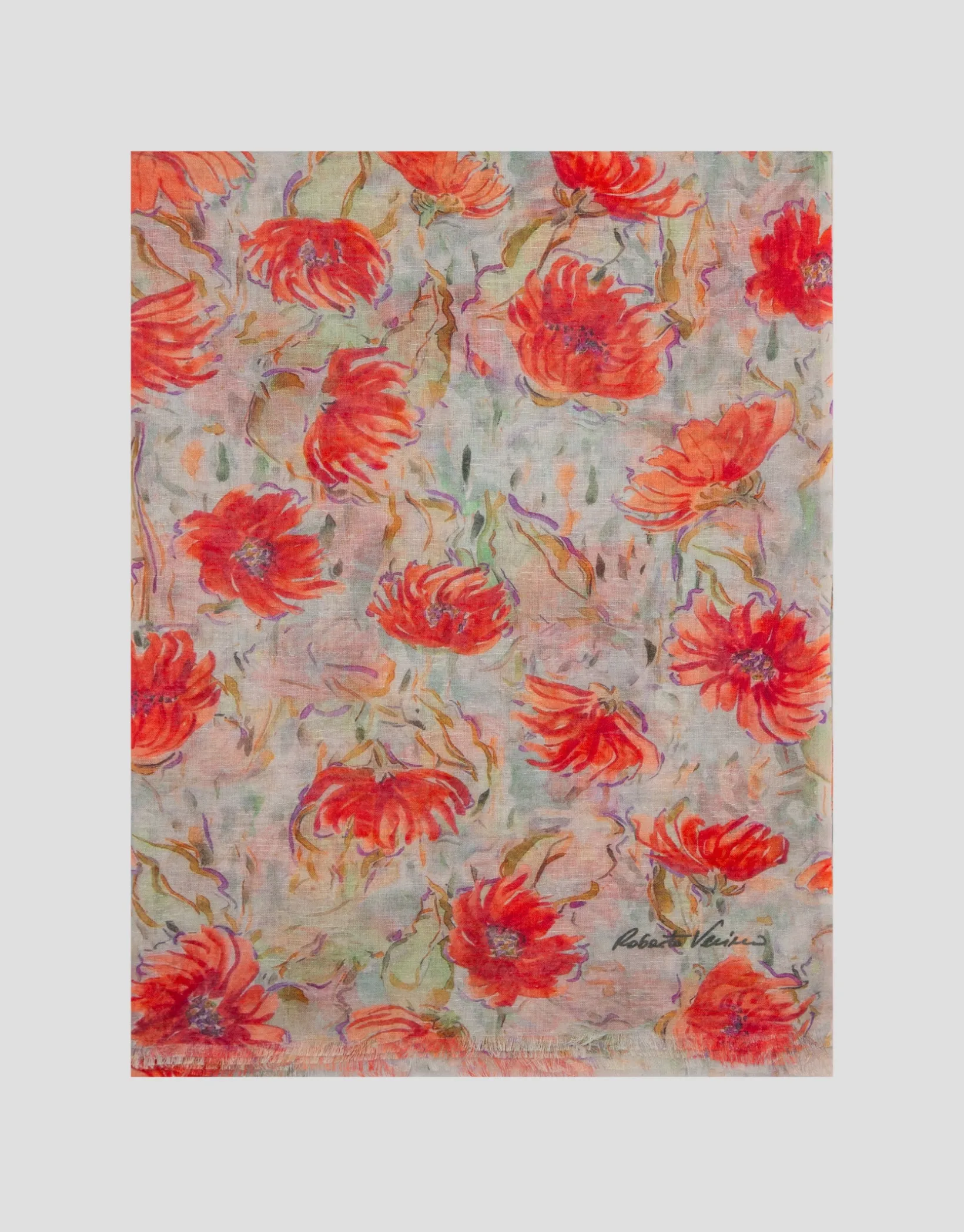 Fular mezcla algodón/lino estampado floral tonos rojos